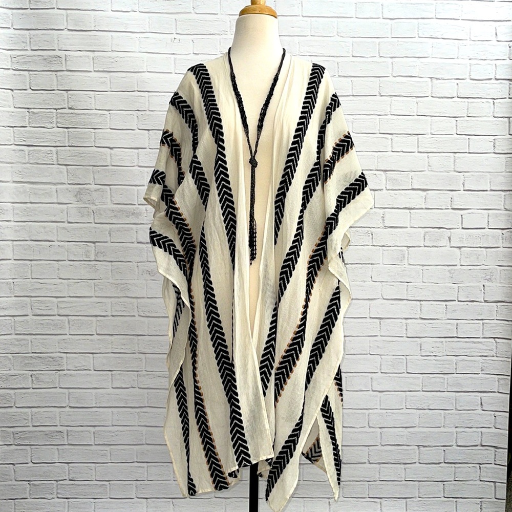 Light Airy Cream Colored Open Kimono with Black & Brown Embroidery (One Size)